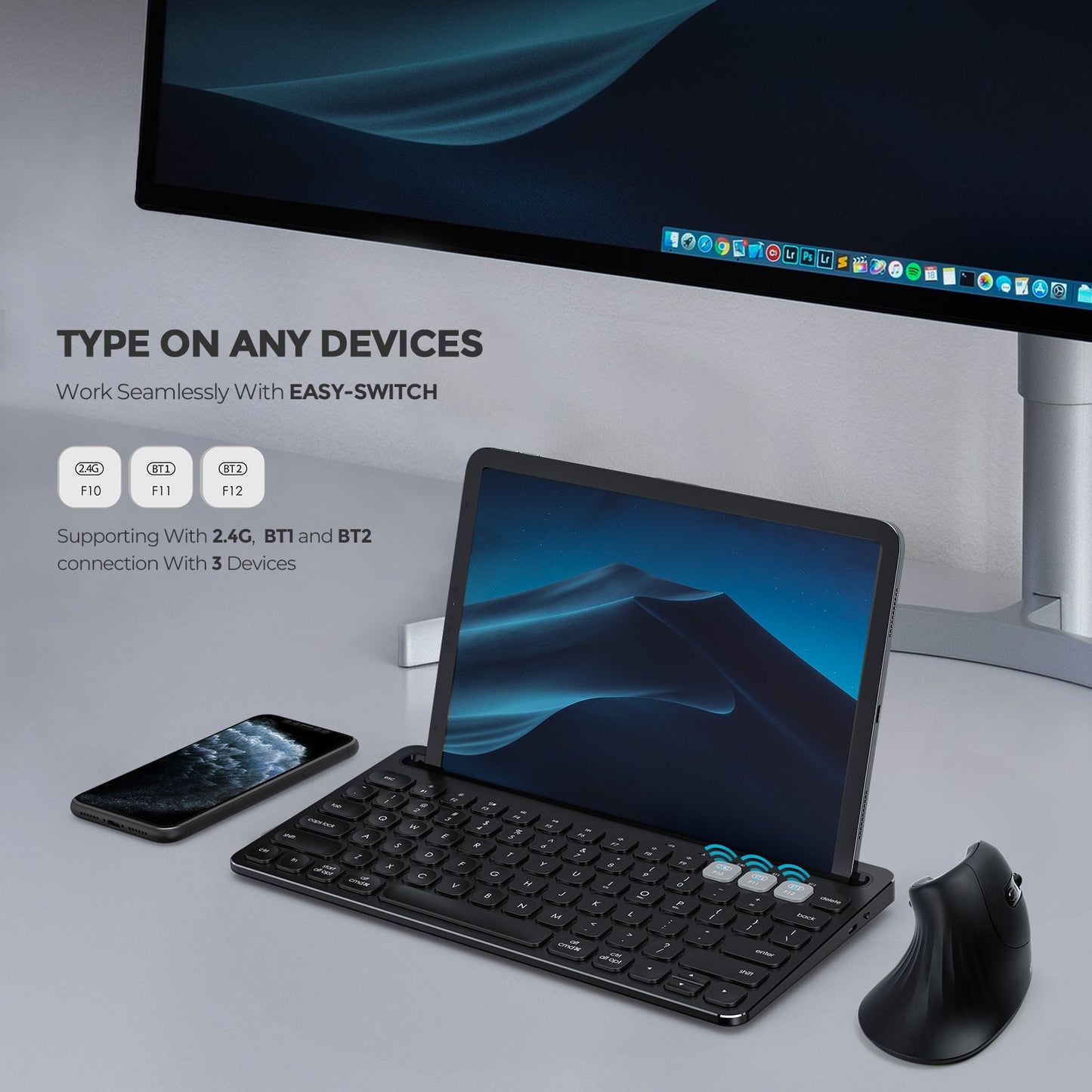 Victsing USB Wireless Keyboard, Dual Mode Bluetooth Keyboard with Integrated Holder for iOS, Mac, Windows and Android