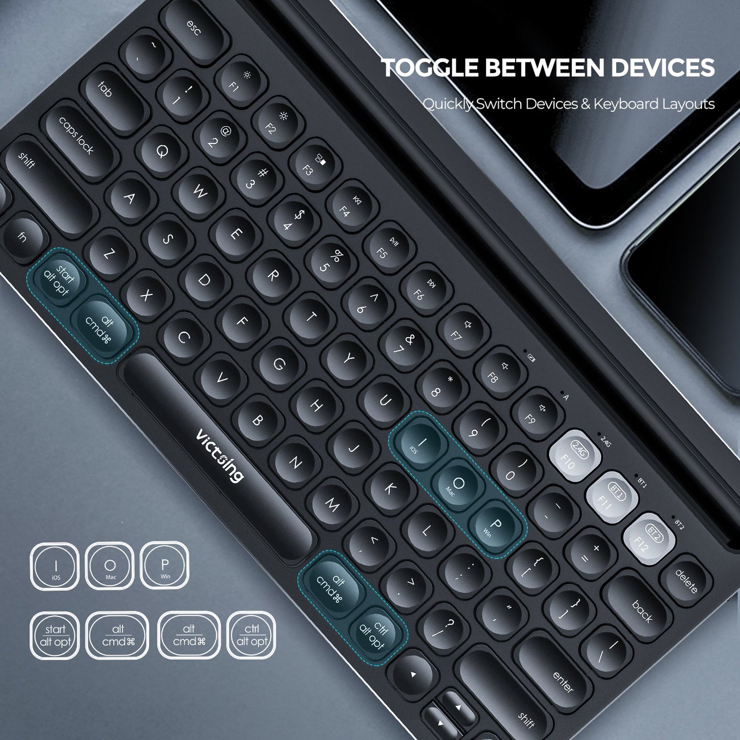 Victsing USB Wireless Keyboard, Dual Mode Bluetooth Keyboard with Integrated Holder for iOS, Mac, Windows and Android